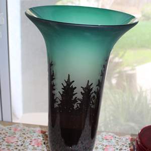 Lot #290 Green & Black Tree Silhouette Handblown Art Glass Vase