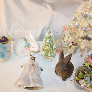 Lot #670 Easter/Spring Trees, Ornaments, Two Bunnies plus Basket