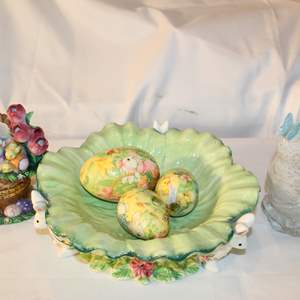 Lot #674 Bowl w Eggs, Glass Bunny, Basket of Chicks