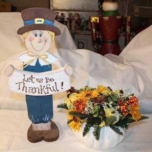 Lot #685 Wooden Pilgrim plus Pumpkin Wreath