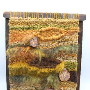 Lot #308 Woven Textile on Wood Art- Artist Tag