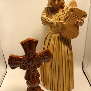 Lot #309 Lot of 2 Items- Ceramic Cross + Natural Materials Angel