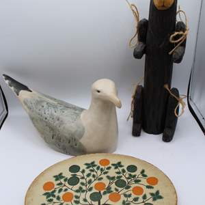 Lot #328 Lot of Items- Ceramic Seagull, Wood Bear + Weclome Sign