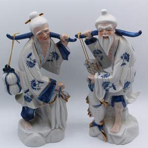 Lot #359 Vintage/Antique Pair of Blue & White Asian Couple Figures