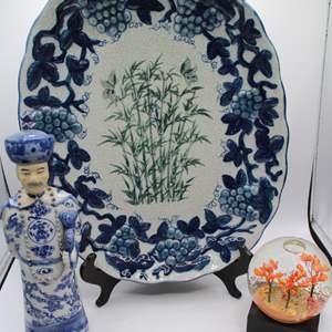 Lot #361 Lot of 3 Items- Asian Man & Platter + Snow Globe