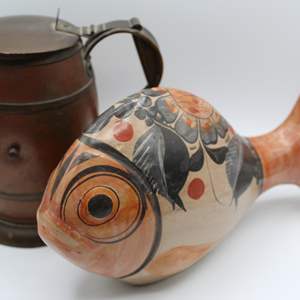 Lot #369 Lot of 2 Items- Mexican Pottery Painted Fish + Copper Lidded Mug