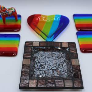 Lot #373 Lot of Rainbow Glass Tiles/Coasters, Heart Dish & More