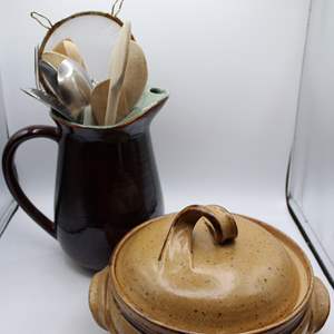 Lot #397 Stoneware Casserole, Redwing Pitcher wUtensils, McNitt