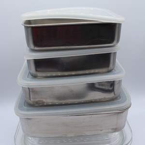 Lot #419 Stainless Lidded Containers plus One Glass Refrigerator Dish