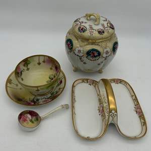 KC Lot #80  Vintage Porcelain Tea Set - Hand-Painted Floral Design with Sugar Bowl and Ladle.