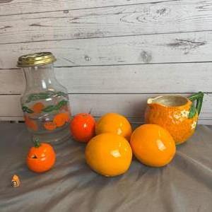 KC Lot #122  Vintage Fruit-Themed Kitchenware Lot - Glass Jar, Ceramic Pitcher & Decorative Oranges.