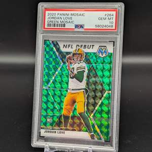 Lot #184 - 2020 Panini Mosaic - NFL Debut Mosaic Green Prizm #264 Jordan Love (RC) PSA 10