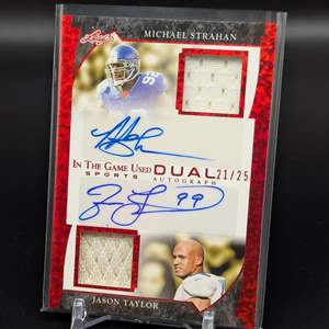 Lot #253 - 2022 Leaf In The Game Used SP Dual Patch Auto /25 Jason Taylor Michael Strahan