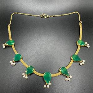 Lot #1 - 22k gold necklace with Green Chalcedony and pearl necklace (appraisal included of $8130)