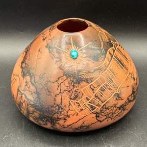 Lot #128 - Native American Navajo Horse hair Etched Pottery Vase Signed