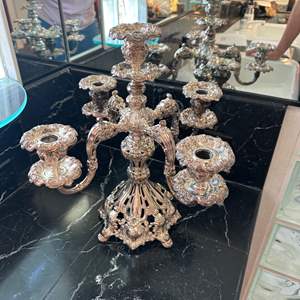 Lot #168 - Ornate silver plate candelabra 