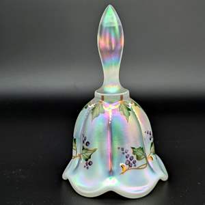 Lot #26 - Signed Hand-Painted Fenton Glass Opalescent Iridescent Holly Berries Christmas Bell #267