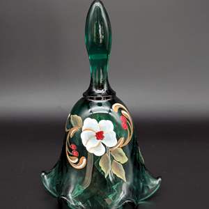 Lot #33 - Fenton Art Glass Bell Optic Green Floral Ruffled 95th Anniversary Signed