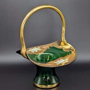 Lot #39 - Vintage Bohemian Czech Art Glass Basket Green Enameled Applied Flowers Gold Trim