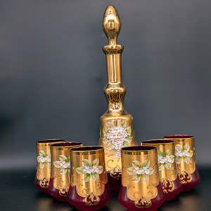 Lot #41 - Signed Murano Glass Decanter Set With Six Glasses 24K Gold Leaf