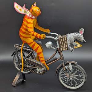 Lot #87 - Metal Cat and Mouse Bicyclist Sculpture from Indonesia