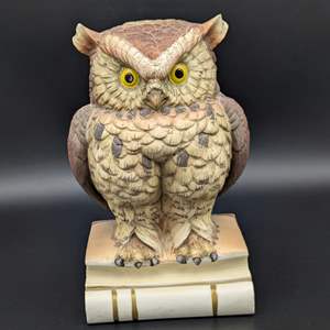 Lot #120 - Signed GREAT HORNED OWL Sitting on Books by Andrea Sadek Porcelain