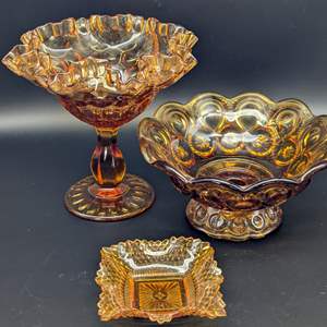 Lot #142 - Moon and Stars Amber Footed Glass Bowls