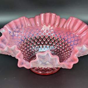 Lot #145 - Vintage Fenton Cranberry Glass Opalescent Hobnail Ruffled Bowl