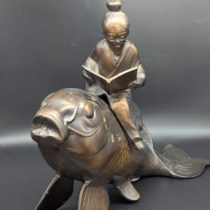 Lot #149 - Japanese Bronze Finish Man Riding Fish Sculpture