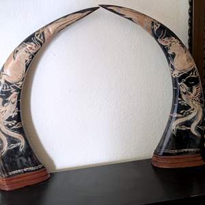 Lot #218 - Midcentury Buffalo Horns with Carvings, China, 1960