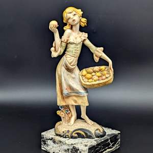 Lot #58 - Simonelli Italy Girl With Basket Of Fruits On Carrara Marble Base