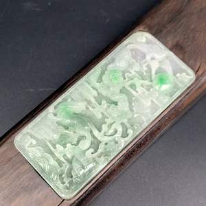 Lot #9 - CHINESE HAND CARVED JADE AND WOODEN SCROLL REST