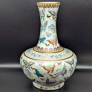 Lot #18 - China Chinese Qi Ling Porcelain Polychrome Enamel 100 Butterfly Decor Vase 20th