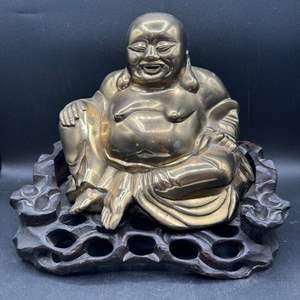 Lot #76 - Large Brass Buddah on carved wooden base