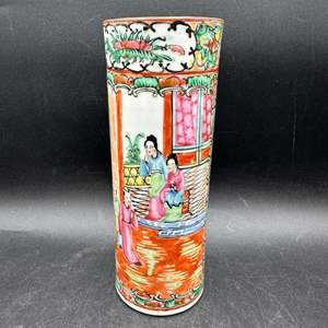 Lot #84 - antique Chinese Rose Medallion porcelain cylinder vase 8.5” tall