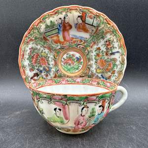 Lot #87 - Two sets, Antique Chinese Export Famille Rose Mandarin porcelain Cups with Saucers, circa 1800s