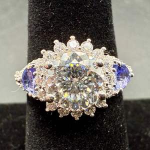 Lot #12  - 120 facet moissanite & tanzanite 8mm sterling silver ring, Size 7