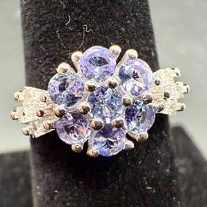 Lot #18  - Tanzanite & White Topaz Sterling Silver Flower Ring, Size 7, (1.10 ctw, 3gtw)