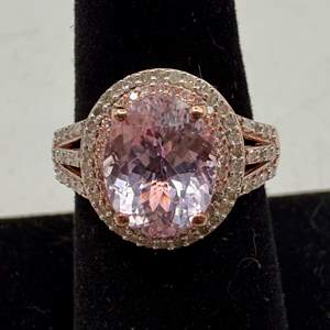 Lot #32  - Morganite with pink & white diamonds/moissanite rose gold vermeil over sterling silver ring, size 7 (3.95ctw, 4gtw)