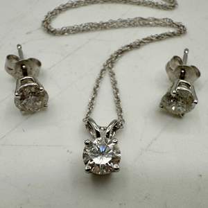 Lot #49  - Diamond & 14KT white gold earrings with matching necklace (0.75ctw, 1.4gtw)