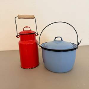 Lot #68  - Vintage enamelware milk jug & pot 