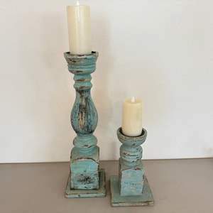 Lot #76  - Shabby chic teal wooden candle holders 