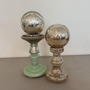 Lot #78  - Mercury glass candleholder with separate globe & decor piece 