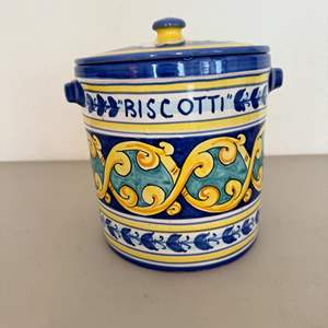 Lot #79  - Italian hand painted biscotti lidded ceramic canister 