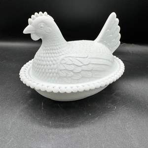 Lot #118  - Vintage White Indiana Glass Nesting Hen Rooster Covered Candy Dish Trinket MCM