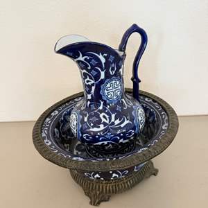 Lot #136  - Vintage Bombay Asian Garden Blue & White Floral Pitcher with wash basin