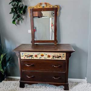 Lot #184  - Vintage floral dresser with vanity mirror 