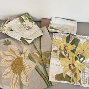 Lot #187  - Pottery Barn orchid botanical Queen size duvet, 2 decorative pillow shams, 1 euro sham & 2 base shams(not PB brand)