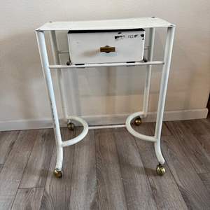 Lot #195  - Vintage metal rolling cart with drawer, so cute!