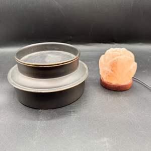 Lot #222  - Raised candle holder/ trinket plate & carved flower salt lamp 